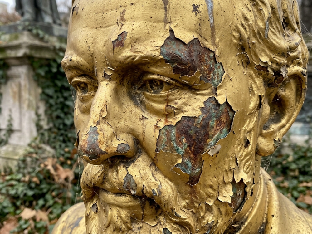 Image of a golden statue that is pitted and tarnished.