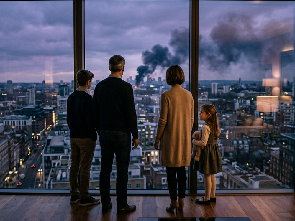 Image of a family seeing smoke outside their apartment window in a big city