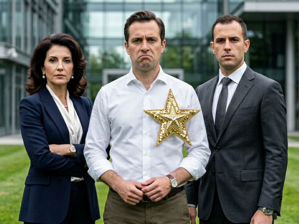Three grown children of a billionaire, one of them wearing a gold star because he is the golden child.