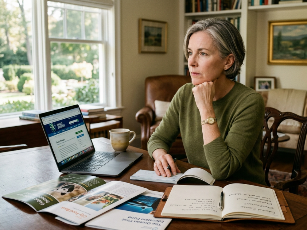 Photo of a woman sitting at a desk weighing her decisions.