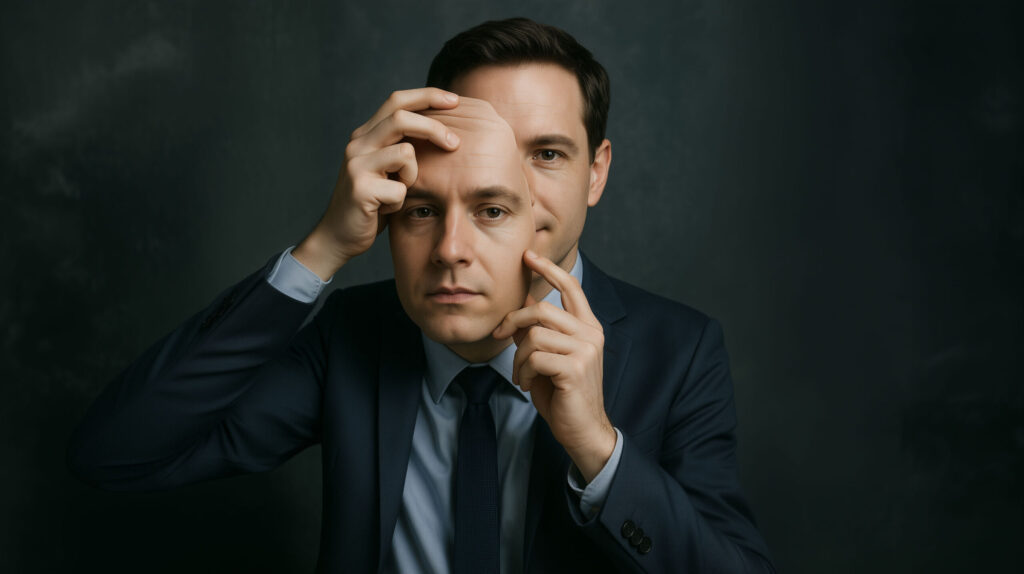 Photo of a business executive putting on a mask of another person, representing the threat of deepfakes in identity theft and other cyber crimes for family offices