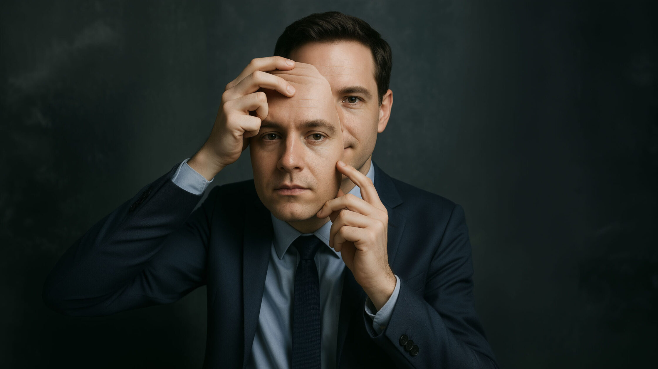 Photo of a business executive putting on a mask of another person, representing the threat of deepfakes in identity theft and other cyber crimes for family offices