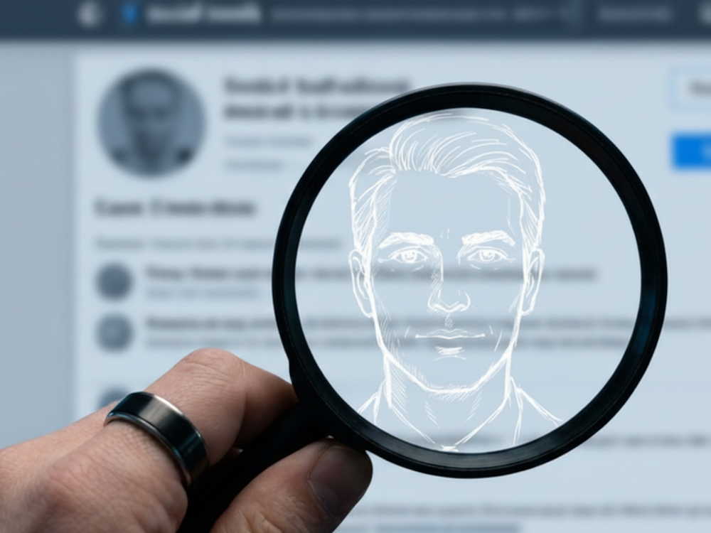 Photo of someone holding a magnifying glass over a social media profile online.
