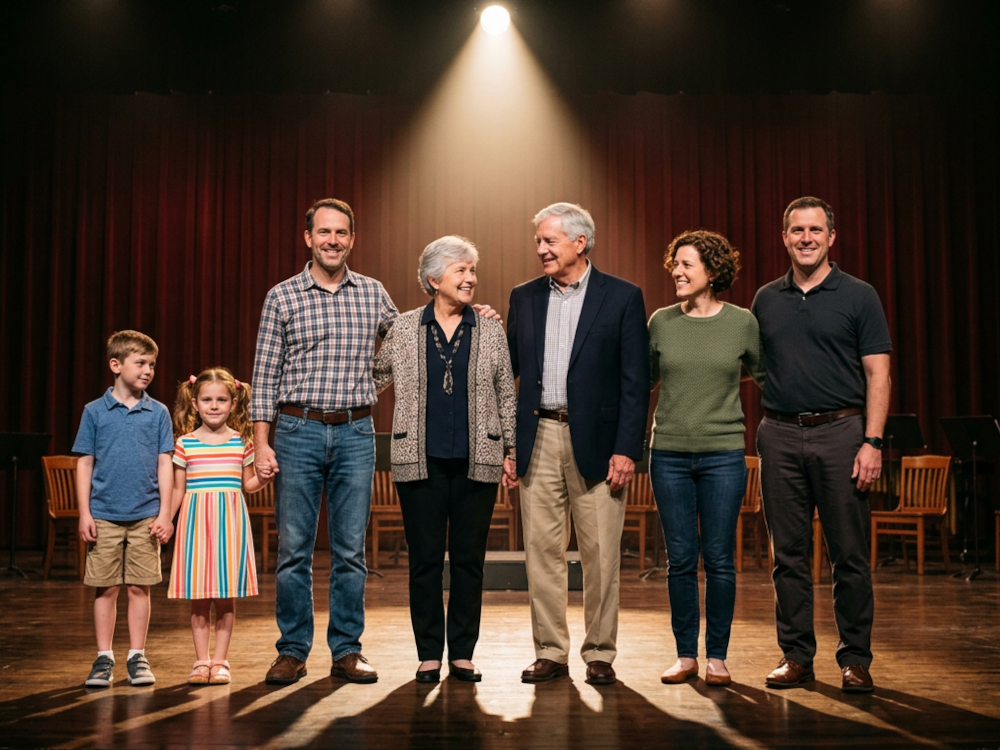 An extended family on a stage with a spotlight on them.