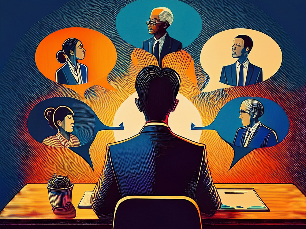 An illustration of a family office advisor thinking of several different people, reflecting the need for family office advisors to integrate the Ten Domains of Family Wealth into their support for wealthy families, as Tom McCullough writes.