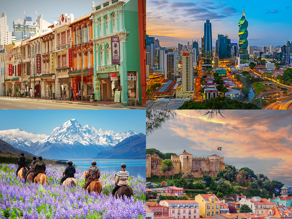 A montage of images showing (clockwise from top left) Singapore, Panama City, Lisbon and New Zealand, four of the 10 destinations for wealth migration discussed in this article.