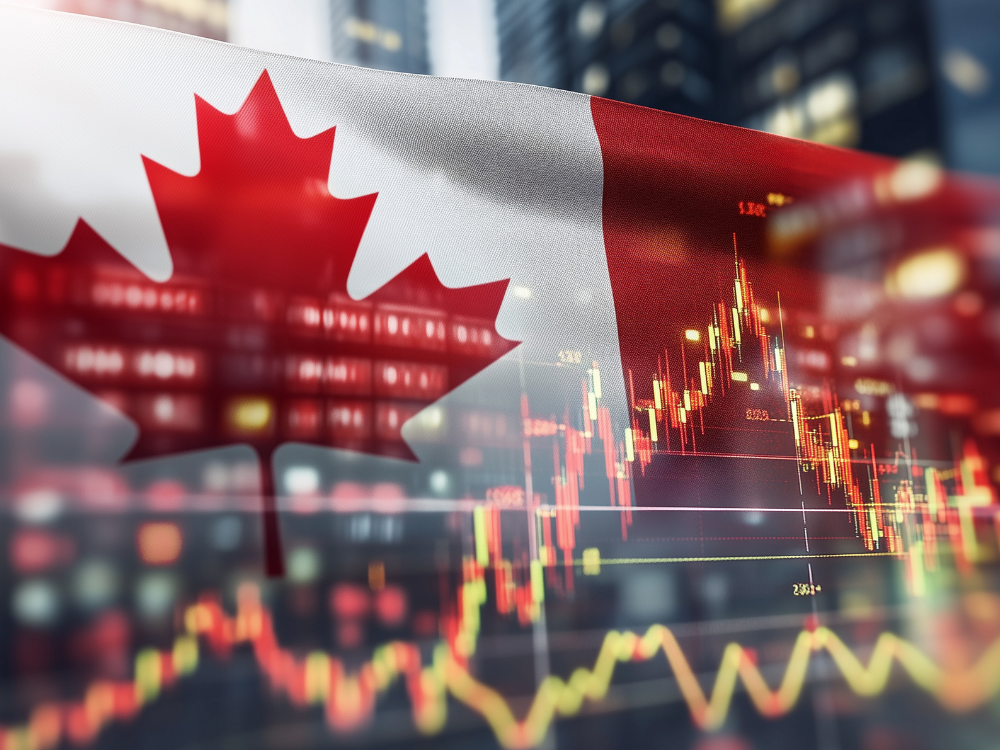 A Canadian flag and a graph of market moves, illustrating the upcoming launch of prediction markets in Canada. They are controversial despite their popularity, and some experts say they are more like gambling than investing.