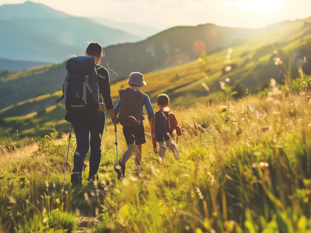 A family walking through the mountains