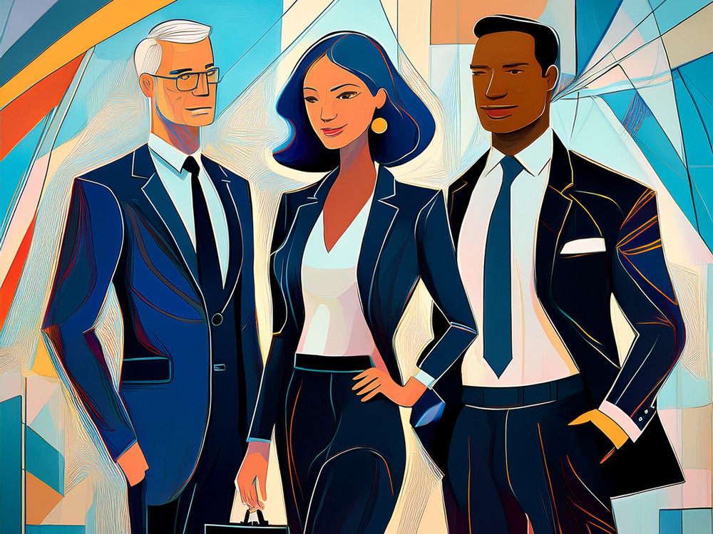 An illustration of three wealthy people, including an older man, a young woman and a person of colour. The illustration points to the changing realities of wealth in Canada, which is the subject of a Canadian Family Offices special report in July and August.