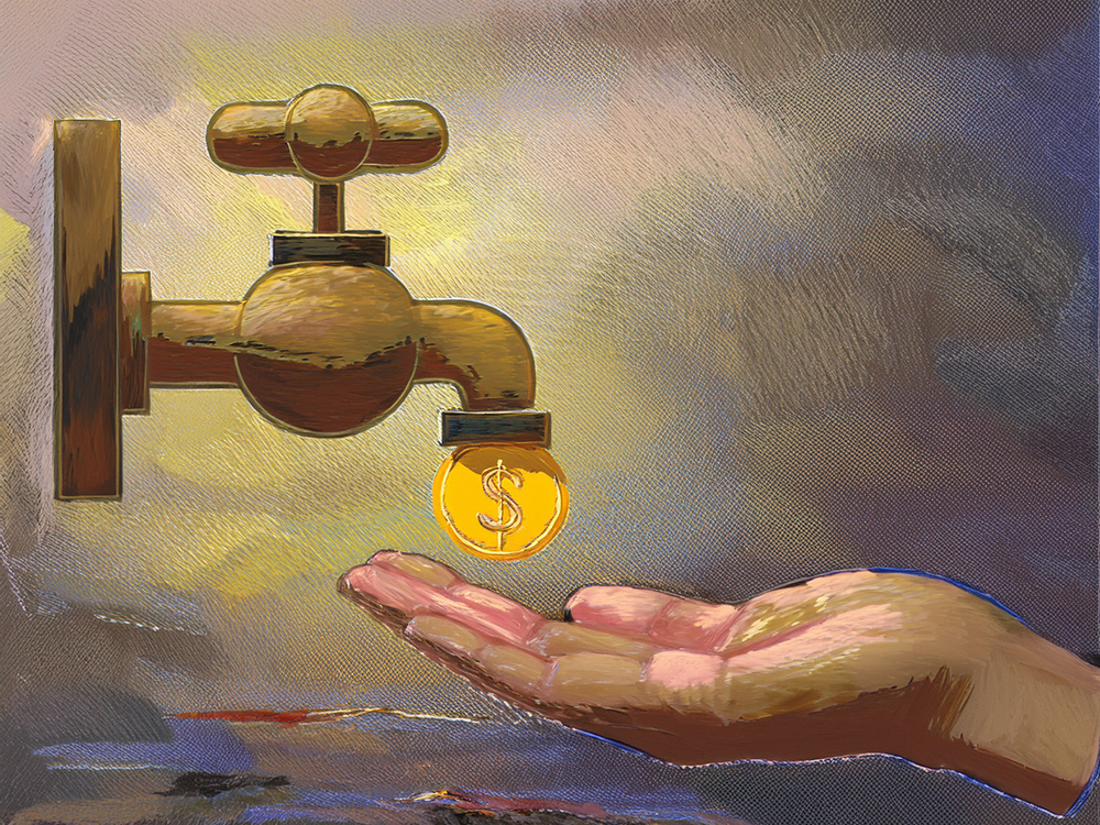 A picture of a hand catching a dollar coin coming out of a garden tap, illustrating this article's focus on strategies for family offices to avoid a liquidity crunch