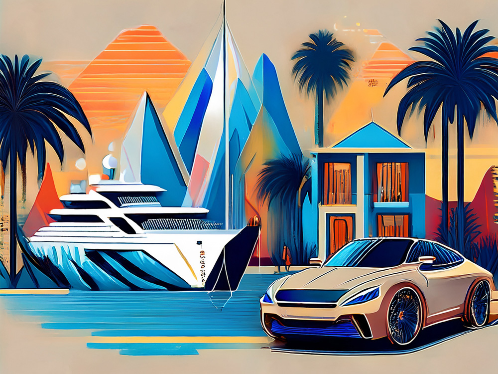 An illustration of a yacht, a luxury car and a vacation home, lifestyle assets that are subject to special taxation considerations for family offices
