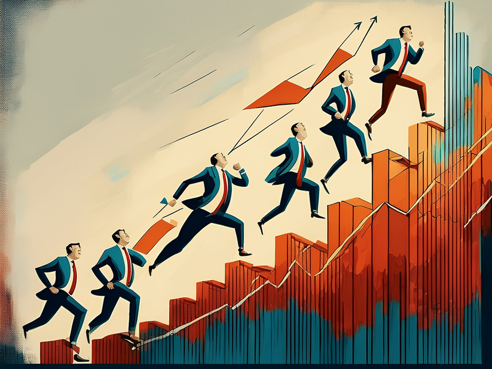 An illustration of wealthy executives running up a figurative mountain made of a stock, representing the gains Canada's wealthiest families have made as their wealth has grown over the past several years, as discussed in this article about Canada's wealthiest families