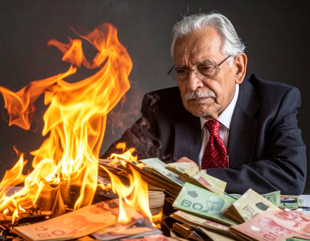 An elderly executive watches a pile of cash burn, illustrating the danger of the third-generation curse resulting in a squandered family fortune