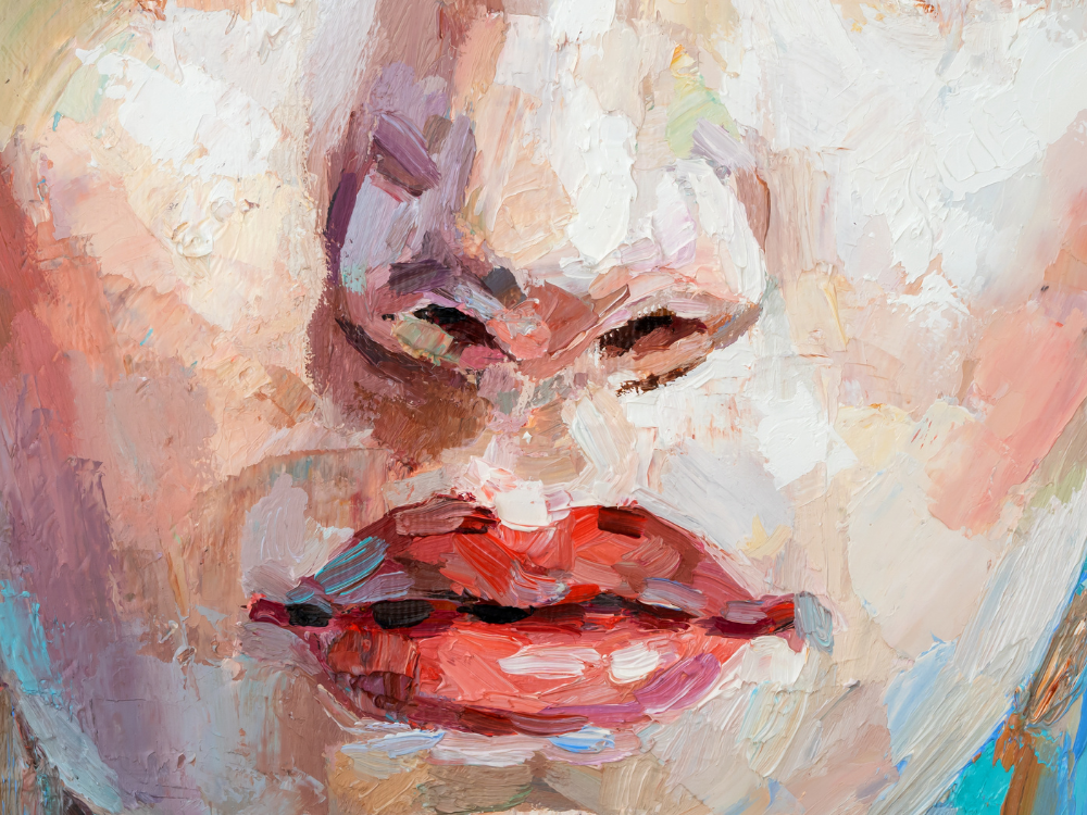 A painting of a woman's bottom half of her face