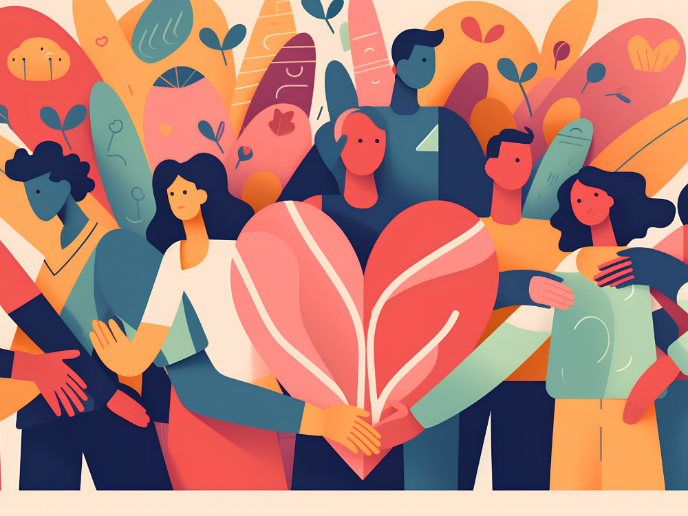 A group of people gathered and holding one heart