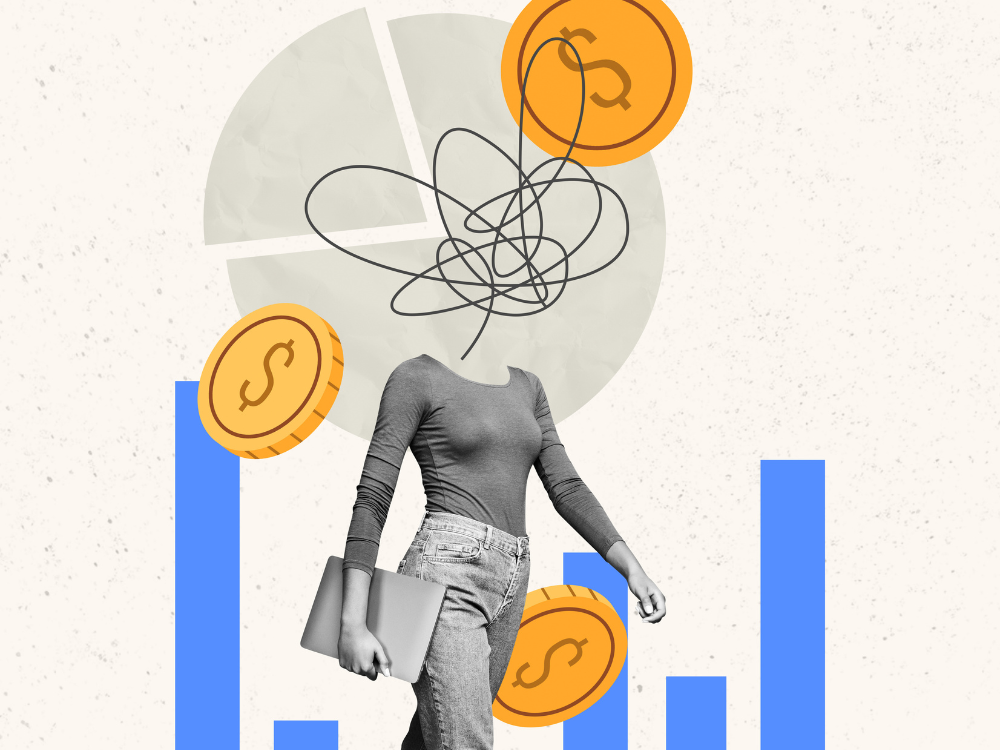 A woman walking in front of a balance sheet