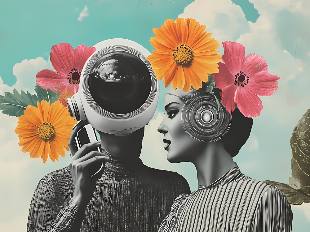 An art collage of a woman with flowers on her head. She is speaking with a gentleman with a UFO on his head.
