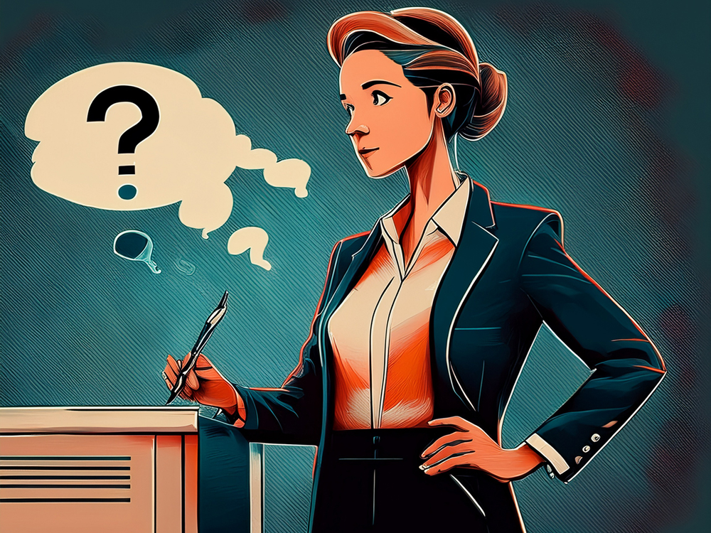 Illustration of an executive wondering whether to sign, representing the challenges a family office may face when deciding whether to register as a portfolio manager