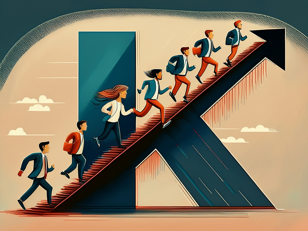 An image of a K with a handful of individuals running up it, representing the challenge of wealth inequality and the potential for growing anti-wealth sentiment, as discussed in this article