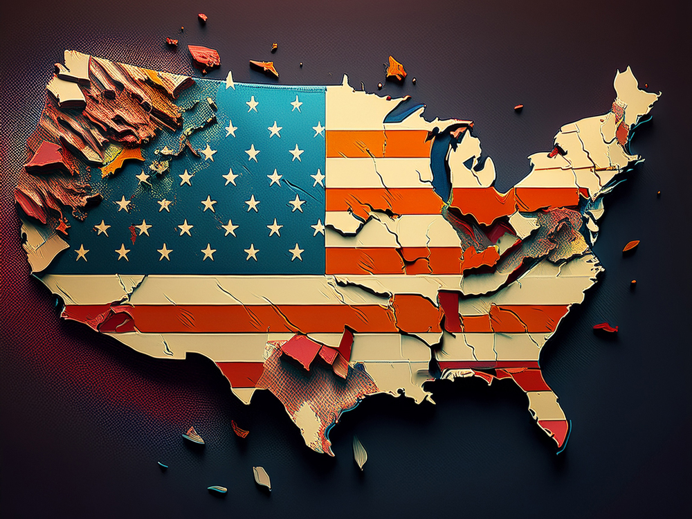 A picture of a crumbling United States, illustrating the growing risks of the U.S. market for family office investors. In this article, three family office investors discuss the risks and their approach to addressing U.S. holdings in their portfolios