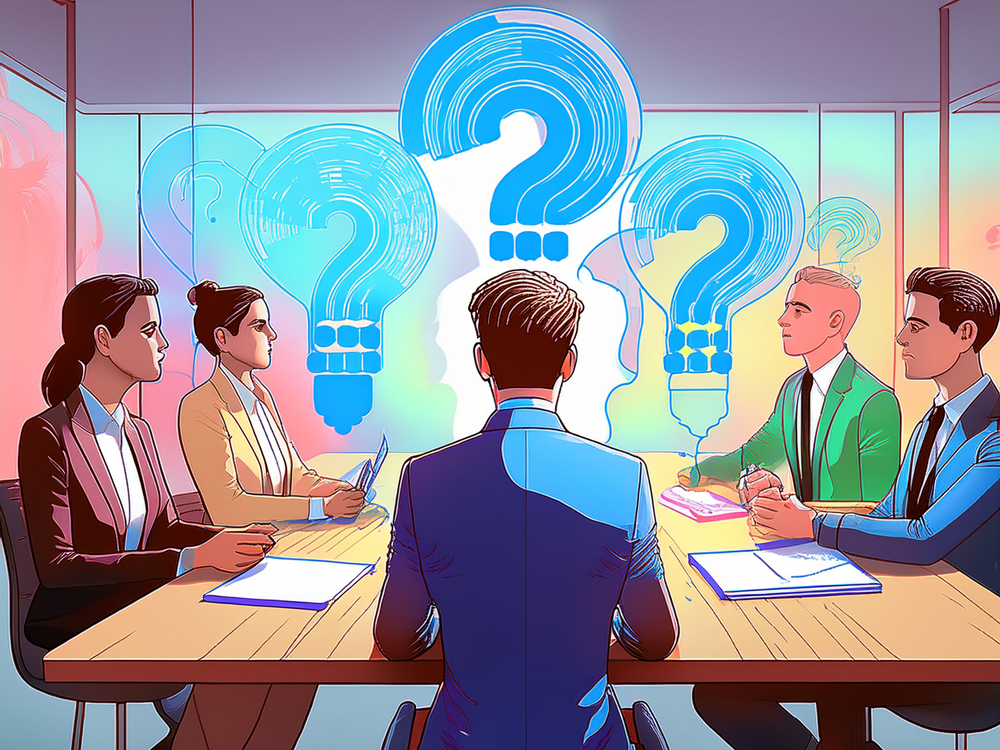 An illustration of a private company board sitting around a conference table, with many question marks surrounding them, highlighting the challenge private companies face in enhancing the value of their boards