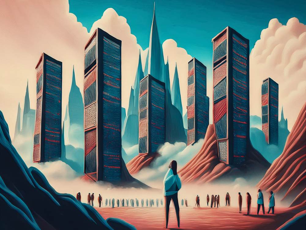 Illustration of a landscape filled with futuristic office buildings, representing the transformative future for real estate as AI's impact broadens