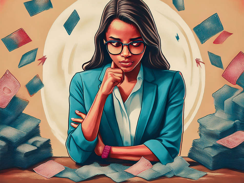 Illustration of a family office advisor contemplating piles of cash, highlighting the twin challenge of financial management and family advisory in the family office industry, as explored in this eighth instalment of our series on the Ten Domains of Family Wealth from the UHNW Institute